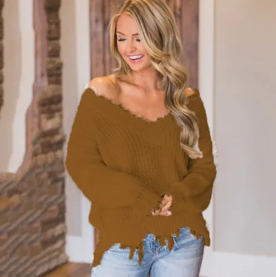 Women Fashion Irregular Loose Thickened Deep V Tassel Pullover Knitted Sweater