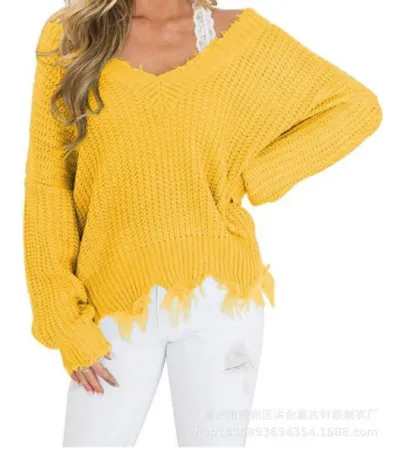 Women Fashion Irregular Loose Thickened Deep V Tassel Pullover Knitted Sweater