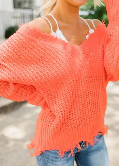 Women Fashion Irregular Loose Thickened Deep V Tassel Pullover Knitted Sweater