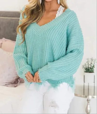 Women Fashion Irregular Loose Thickened Deep V Tassel Pullover Knitted Sweater