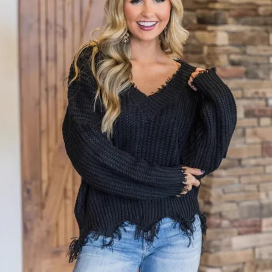 Women Fashion Irregular Loose Thickened Deep V Tassel Pullover Knitted Sweater
