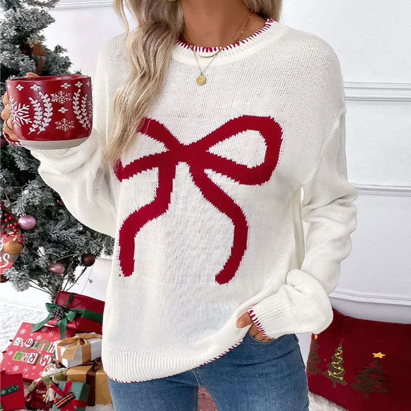 Women's Loose Fit Christmas Bowknot Long Sleeve Round Neck Knitted Sweater