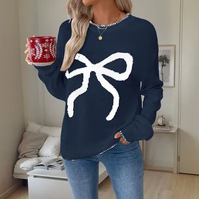 Women's Loose Fit Christmas Bowknot Long Sleeve Round Neck Knitted Sweater