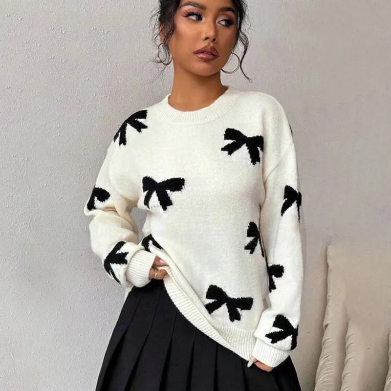Women Fashion Bowknot Jacquard Round-Neck Knitted Sweater