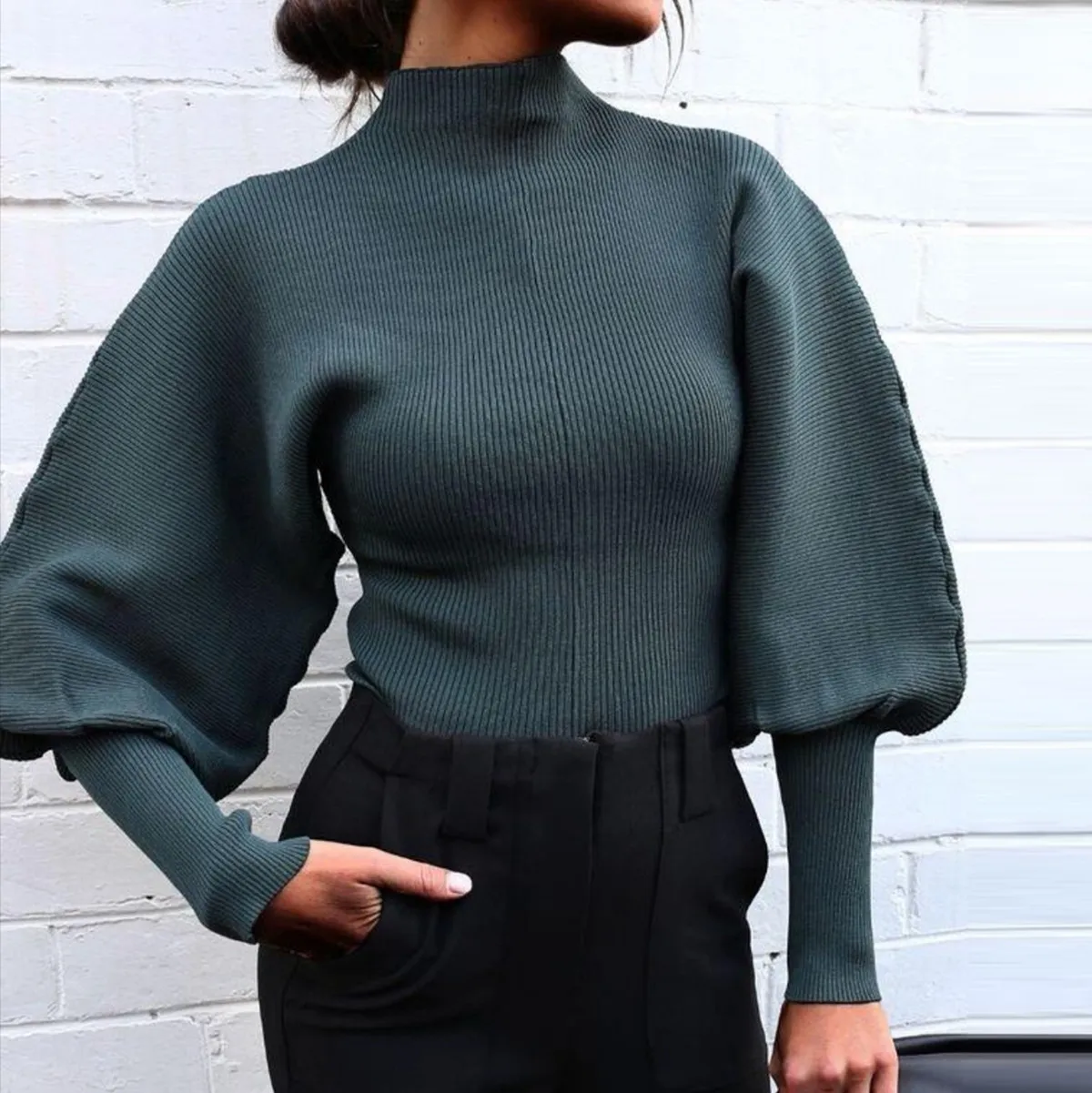 Women Casual Lantern Sleeve Pullover Turtleneck Knitted Sweater