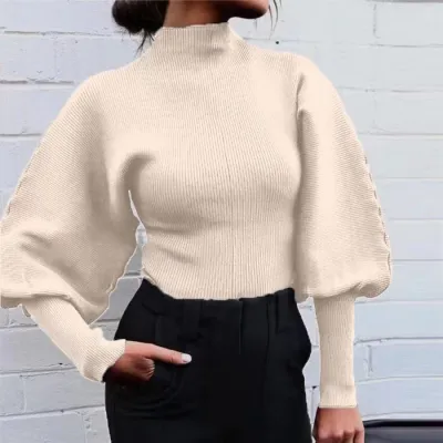 Women Casual Lantern Sleeve Pullover Turtleneck Knitted Sweater