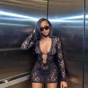 Women Sexy Lace Hollow V-Neck Long Sleeve Slim-Fit Dress