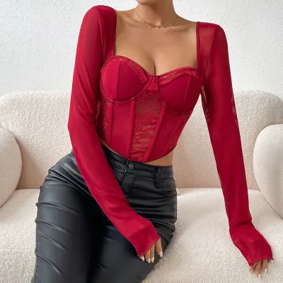 Women Fashion Sexy Lace Mesh Fishbone Slim Square Collar Long Sleeve Crop Top