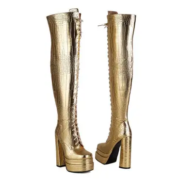 Winter Platform Wedge Heel Lace Up Over Knee Boots for Women