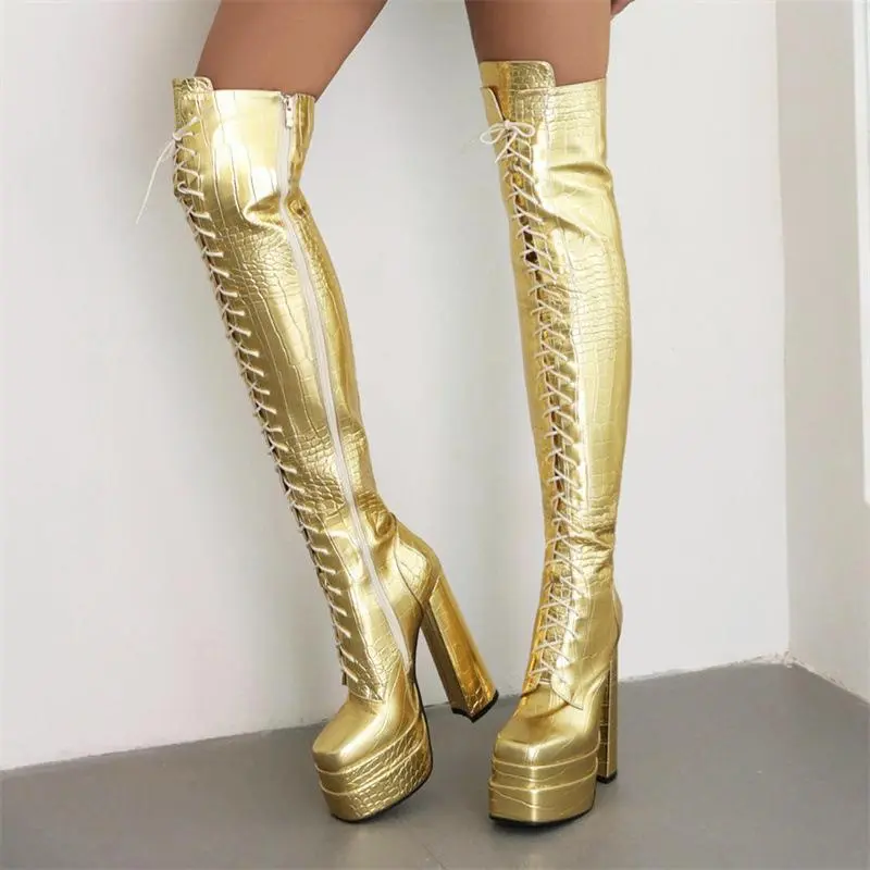 Winter Platform Wedge Heel Lace Up Over Knee Boots for Women