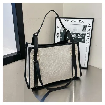 Women Retro Fashion Color Contrast Large Capacity Canvas Shoulder Tote Bag