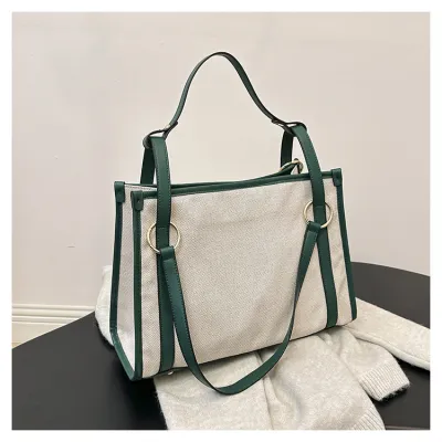 Women Retro Fashion Color Contrast Large Capacity Canvas Shoulder Tote Bag