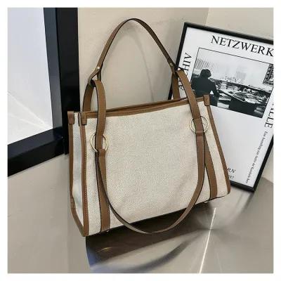 Women Retro Fashion Color Contrast Large Capacity Canvas Shoulder Tote Bag