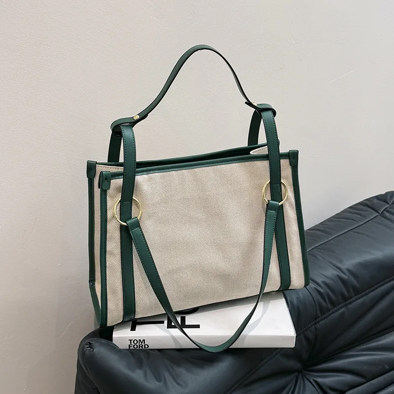 Women Retro Fashion Color Contrast Large Capacity Canvas Shoulder Tote Bag