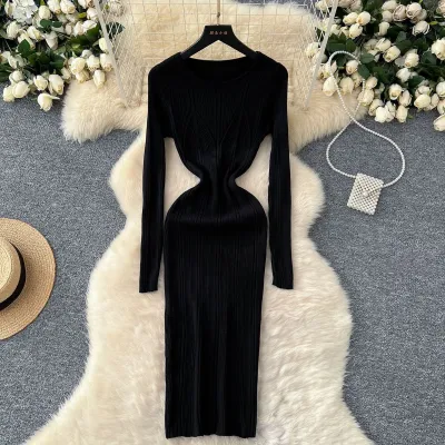 Women Simple Sexy Solid Color Long-Sleeve Slim-Fit Knitted Dress