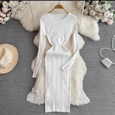 Women Simple Sexy Solid Color Long-Sleeve Slim-Fit Knitted Dress