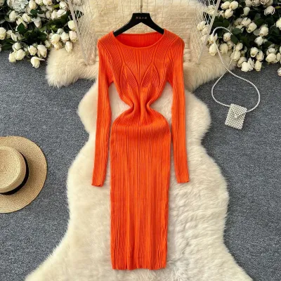 Women Simple Sexy Solid Color Long-Sleeve Slim-Fit Knitted Dress