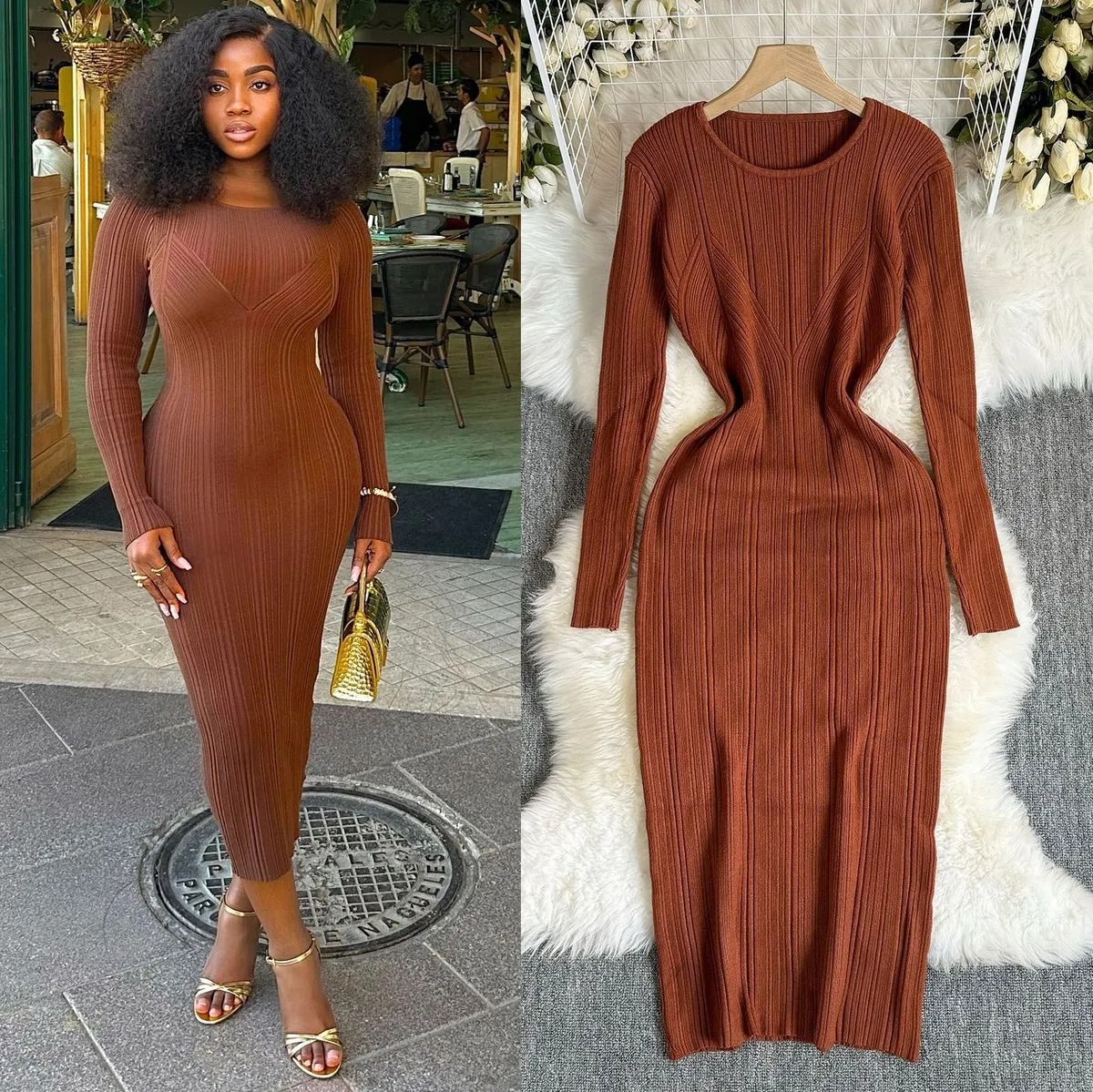 Women Simple Sexy Solid Color Long-Sleeve Slim-Fit Knitted Dress