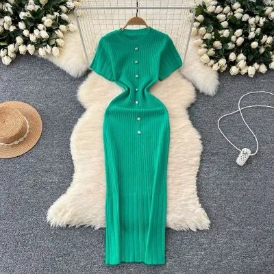 Women Elegant Round Neck Single-Breasted Short-Sleeved Slim-Fit Knitted Midi Dress