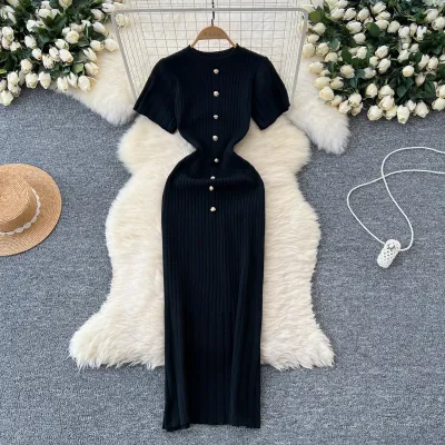Women Elegant Round Neck Single-Breasted Short-Sleeved Slim-Fit Knitted Midi Dress