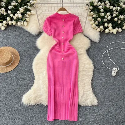 Women Elegant Round Neck Single-Breasted Short-Sleeved Slim-Fit Knitted Midi Dress