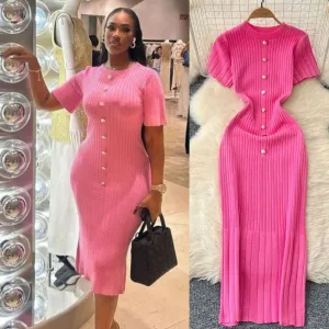 Women Elegant Round Neck Single-Breasted Short-Sleeved Slim-Fit Knitted Midi Dress