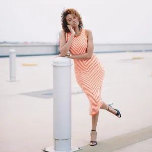 Women Sexy Sleeveless Colorblock Stripe Knitted Midi Dress