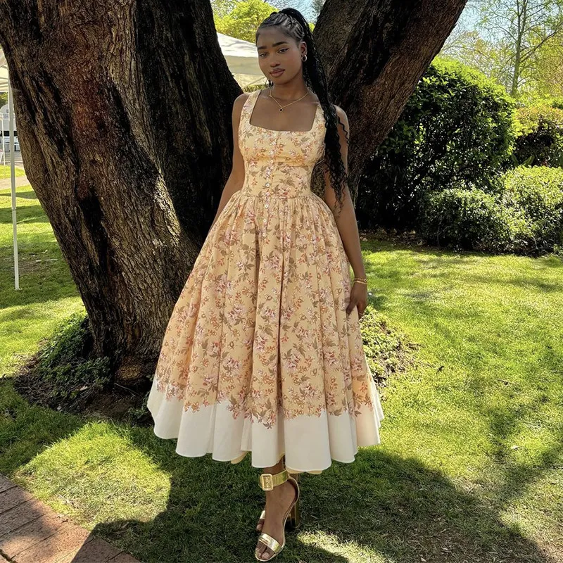 Women Elegant Floral Printed Sleeveless Backless Midi Dress