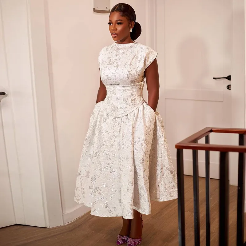 Women Elegant Printed Short-Sleeved A-Line Midi Dress