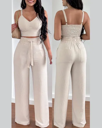 Women Casual Floral Printed Crop Top Loose Lace-Up Pants Two-Piece Set