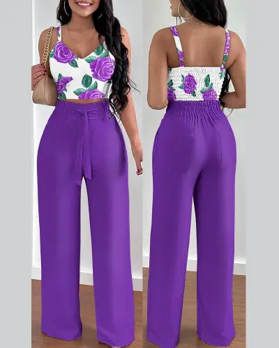 Women Casual Floral Printed Crop Top Loose Lace-Up Pants Two-Piece Set