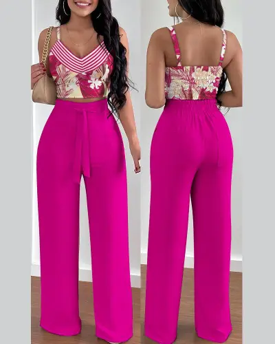 Women Casual Floral Printed Crop Top Loose Lace-Up Pants Two-Piece Set