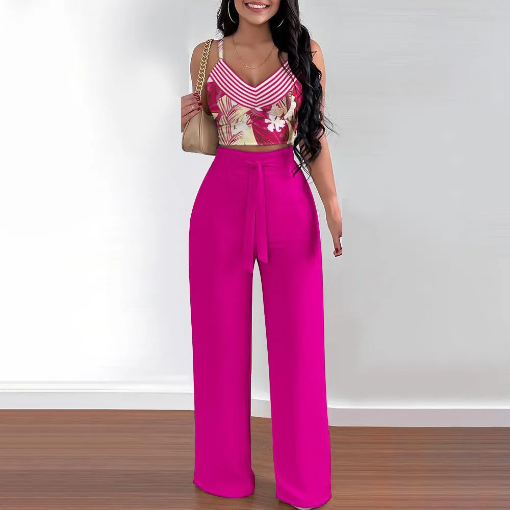Women Casual Floral Printed Crop Top Loose Lace-Up Pants Two-Piece Set