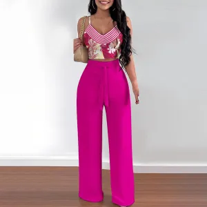 Women Casual Floral Printed Crop Top Loose Lace-Up Pants Two-Piece Set
