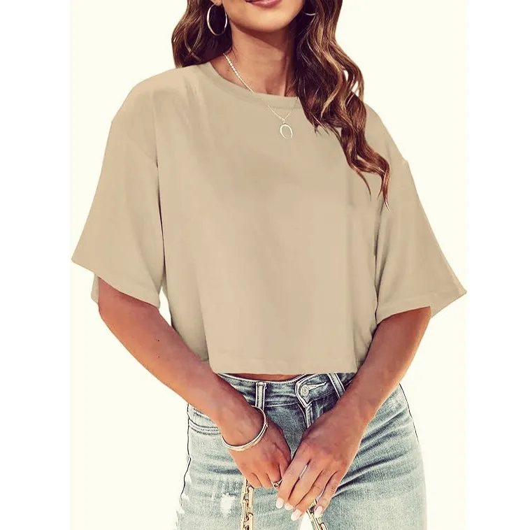 Women Casual Roman Cotton T-Shirt Commuter Wind Loose Fit Short Sleeve Crewneck
