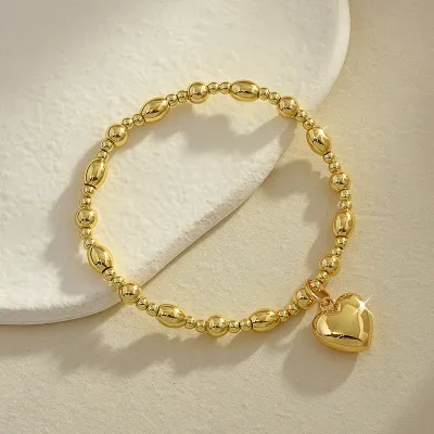 Women Fashion Retro Copper Peach Heart Round Bead Bracelet Vintage