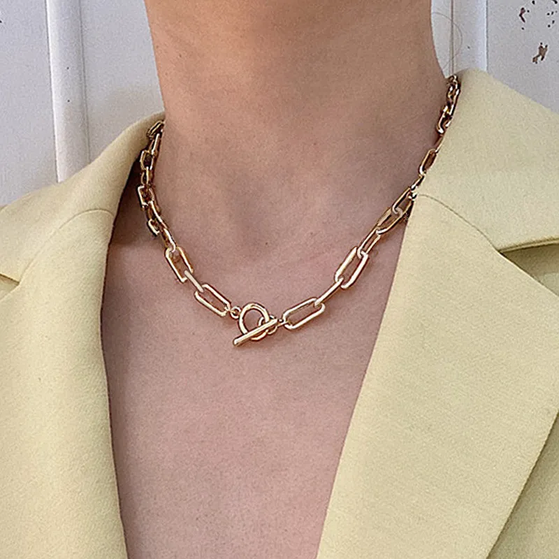 Women Fashion Casual Thick Chain Metal Necklace U-Shape Plaid