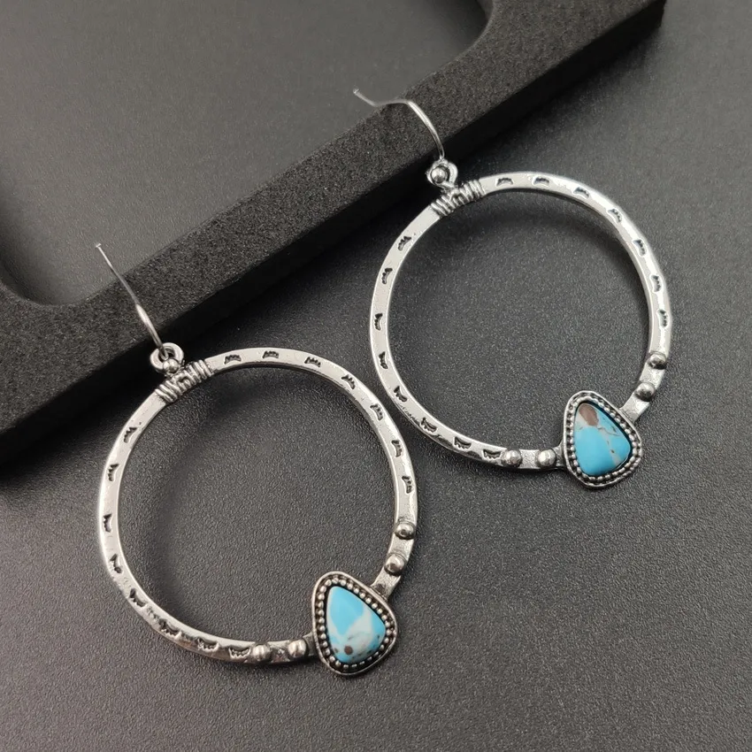 Women Fashion Retro Silver Turquoise Creative Large Circle Earrings