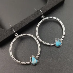 Women Fashion Retro Silver Turquoise Creative Large Circle Earrings