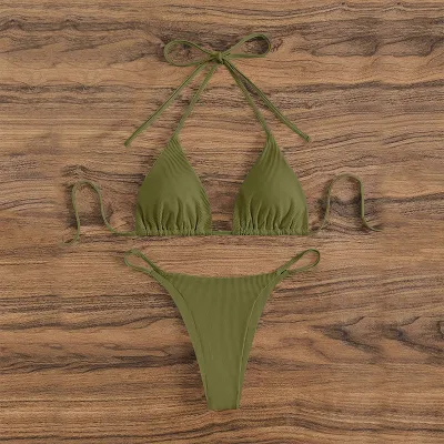 Women Sexy Solid Color Lace-Up Halter Neck Bikini Swimsuit