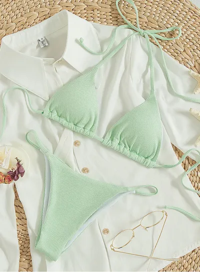 Women Sexy Solid Color Lace-Up Halter Neck Bikini Swimsuit