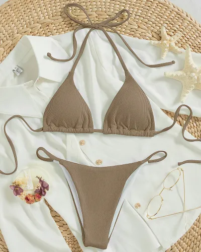 Women Sexy Solid Color Lace-Up Halter Neck Bikini Swimsuit