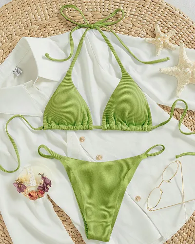 Women Sexy Solid Color Lace-Up Halter Neck Bikini Swimsuit