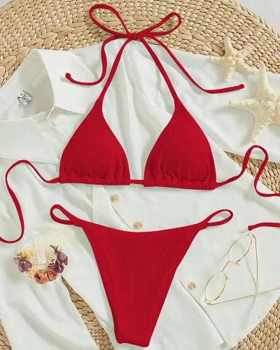 Women Sexy Solid Color Lace-Up Halter Neck Bikini Swimsuit