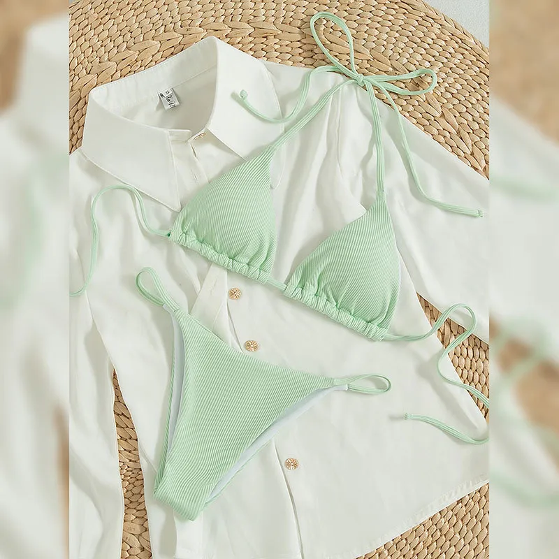 Women Sexy Solid Color Lace-Up Halter Neck Bikini Swimsuit