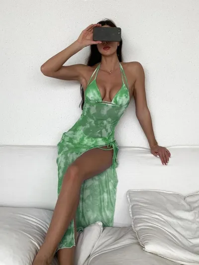Women Sexy Tie-Dye Halter-Neck Long Dress Split Bikini Swimsuit Three-Piece Set