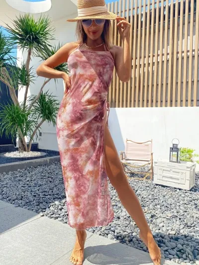 Women Sexy Tie-Dye Halter-Neck Long Dress Split Bikini Swimsuit Three-Piece Set