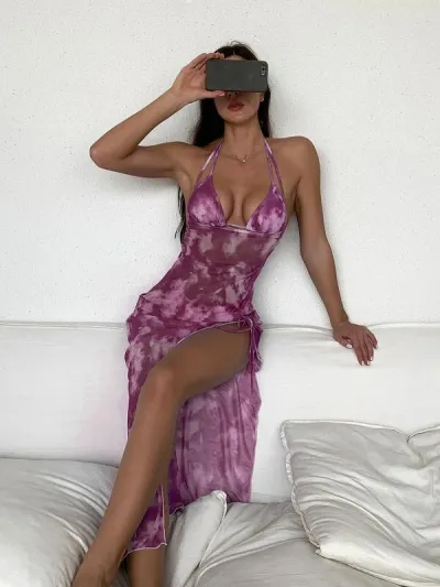 Women Sexy Tie-Dye Halter-Neck Long Dress Split Bikini Swimsuit Three-Piece Set