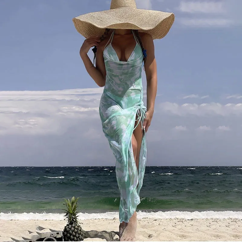 Women Sexy Tie-Dye Halter-Neck Long Dress Split Bikini Swimsuit Three-Piece Set