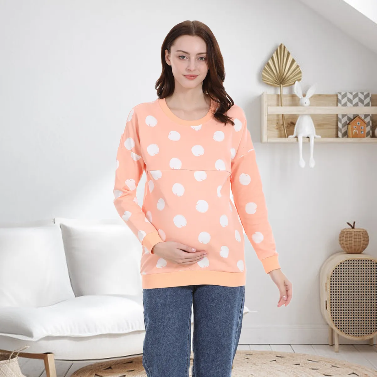 Women Casual Dot Printed Cotton Breastfeeding Maternity Sweatshirt